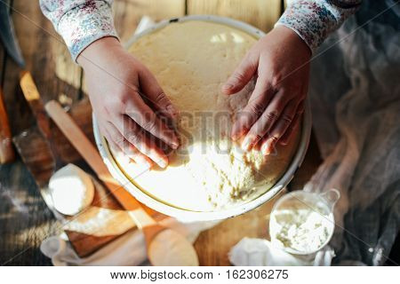 Close Up View Of Baker Kneading Dough. Homemade Bread. Hands Pre