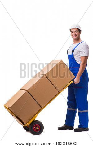 Man delivering box isolated on white