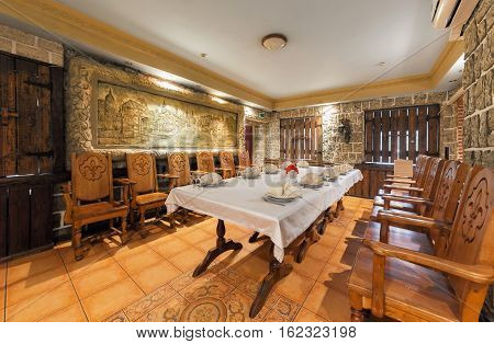 MOSCOW - JULY 2014: Medieval interior of the restaurant Caucasian and European cuisine 