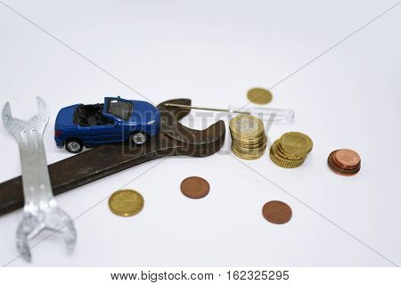 Abstract composition of broken car and repair process.