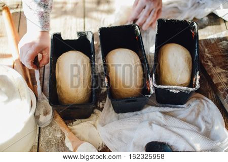Close Up View Of Baker Kneading Dough. Homemade Bread. Hands Pre