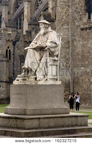 EXETER UK 11 July 2016: Richard Hooker monument near the Cathedral. Exeter. Devon. UK