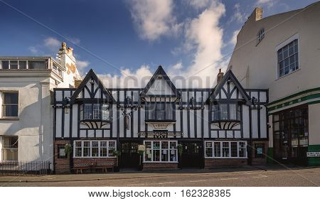 EXMOUTH UK 21 October 2016: EXMOUTH UK 21 October 2016: Historic building in the style of fachwerk in the Beacon Hill - Beacon Vaults. Exmouth. Devon. UK