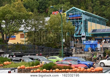 GATLINBURG, TN - OCT 7: Aquarium of the Smokies in Gatlinburg, Tennessee, as seen on Oct 7, 2016. Gatlinburg is a popular vacation resort, as it rests on the border of the Great Smoky Mountains National Park along U.S. Route 441.