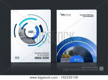 Business vector set. Brochure template layout, cover design annual report, magazine, flyer in A4 with particles, circles, segments of rounds for IT, business, strategy, finance. Abstract art.