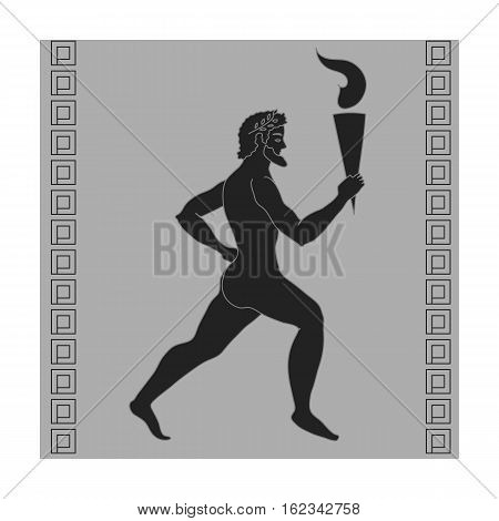 Athlete with olympic fire icon in monochrome style isolated on white background. Greece symbol vector illustration.