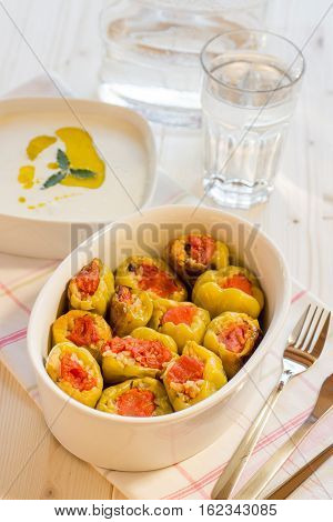 Close-up of green peppers stuffed with rice. Turkish Cuisine