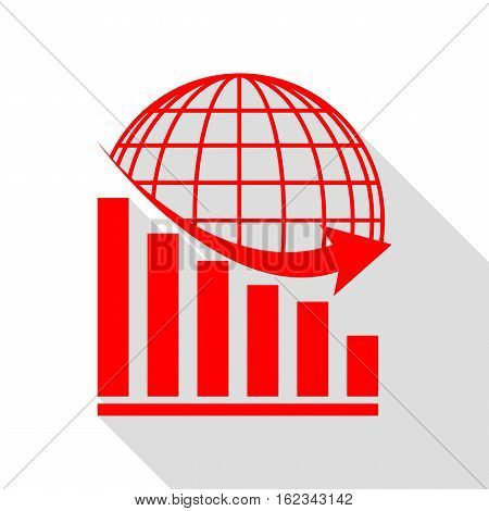 Declining Graph With Earth. Red Icon With Flat Style Shadow Path