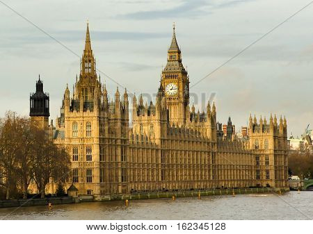 Westminster in London with Big Ben and the river themes taken from Lambeth bridge.