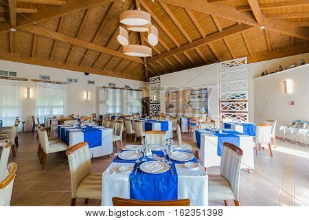Cayo Coco island, Memories Carib hotel, June 30, 2016, amazing beautiful, gorgeous view of Cuban restaurant cozy interior ready to serve their guests