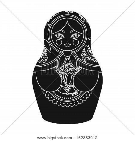 Russian matrioshka icon in black design isolated on white background. Russian country symbol stock vector illustration.