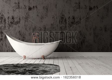 3D rendering of blank bathroom with deep-piled carpet on the wooden floor in front of painted rough wall