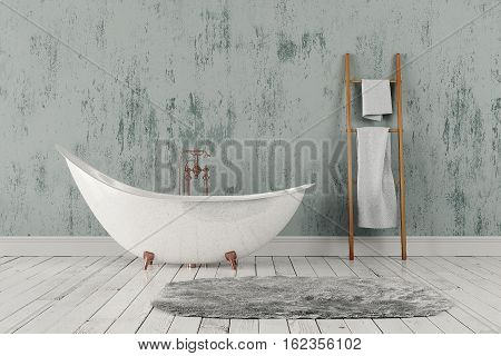 3D rendering of blank bathroom with wooden towelrail towels and deep-piled carpet on the wooden floor in front of bright rough wall
