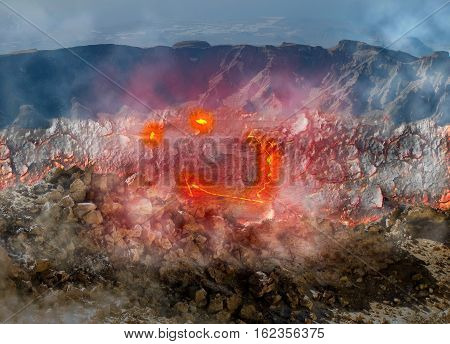 Composition about smiling Hawaiian Kilauea volcano that looks like eyes and a smile seen from above its crater. Located in Big Island, Hawaii, United States. A restless volcano in business since 1983.