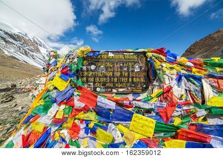 Thiring La, Nepal - May 11, 2016: Thorong La pass 5416m, highest point of Annapurna circuit trek.