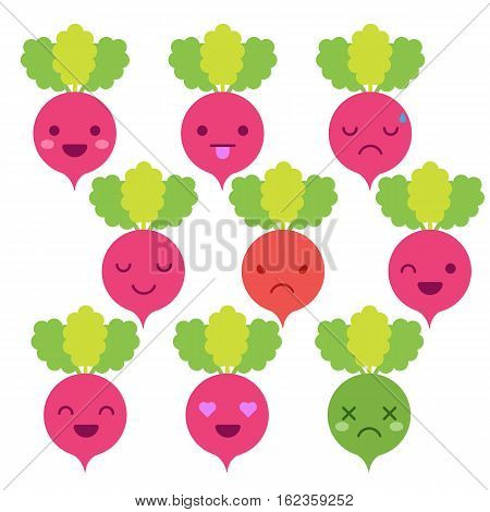 Cute minimalistic radish emoticons isolated on white background.