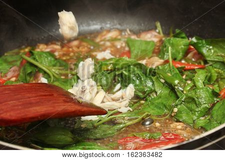 Cooking  Stir - Fried Crad With Chili And Basil Leaf.