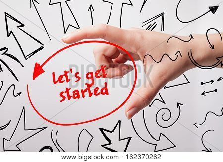 Technology, Internet, Business And Marketing. Young Business Woman Writing Word: Let S Get Strated
