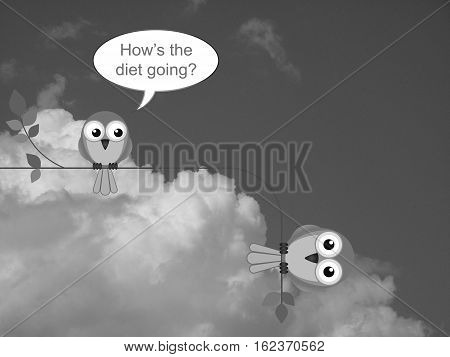 Monochrome fat bird on an unsuccessful diet against a cloudy sky