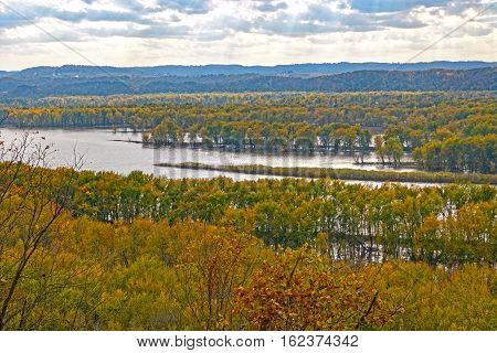 Sun and Clouds in the Fall on the Mississippi at Nelson Dewey State Park in Wisconsin