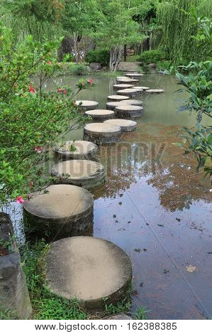 Element of landscape design a stone path across the pond