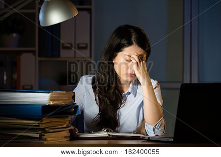 Asian Business Woman Headache Overtime Working Late Night