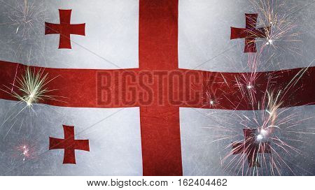 Georgia Flag Firework Grunge Concept Real Fabric