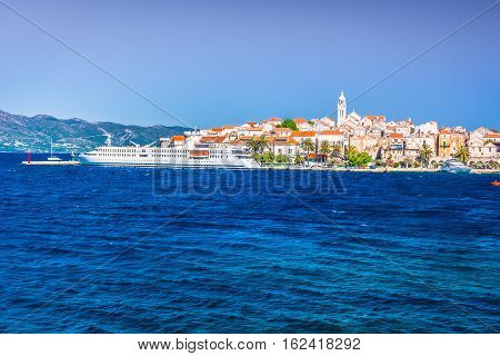 Waterfront view at picturesque mediterranean town Korcula, Island Korcula, Croatia.