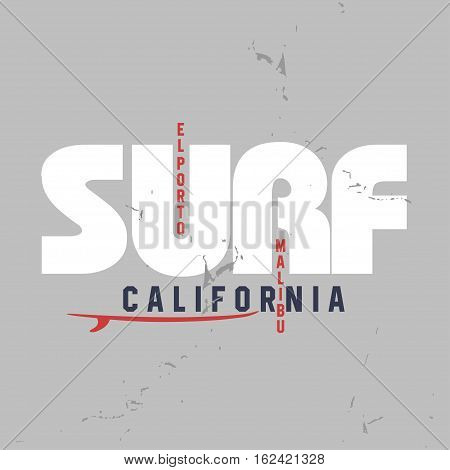 Surf typography for t-shirt print. Vector apparel print graphics. Original graphics for serfers clothes