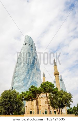 Flame Towers And Mosque, Baku, Azerbaijan