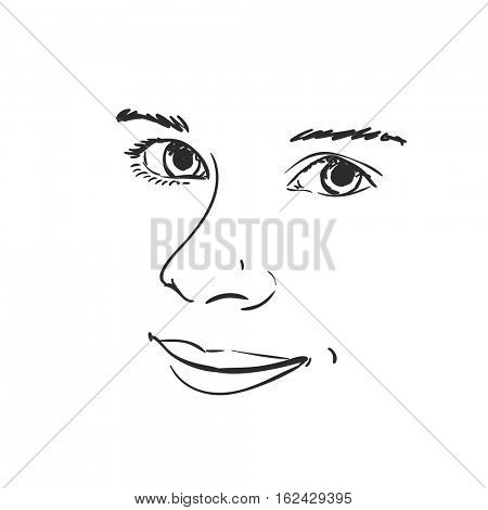 Face of beautiful young girl, Vector sketch Hand drawn illustration