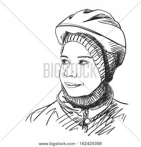 Sketch of young girl wearing bicycle helmet, Hand drawn Vector illustration
