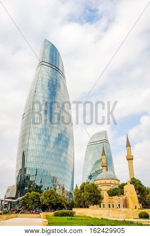 Flame Towers And Mosque, Baku, Azerbaijan