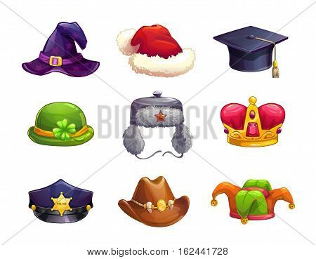 Cartoon different hat icons set. Vector caps collection, isolated on white.