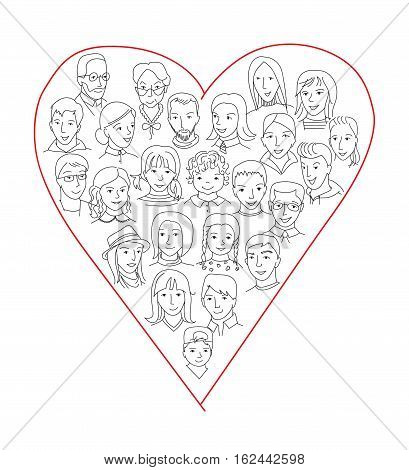 Large group of people heart shape concept, Social netwok, world diversity and unity, person care and love concept, Thin line sketch style vector