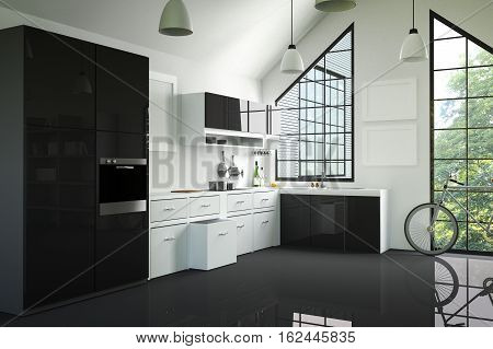 3D Rendering : illustration of modern interior kitchen room.kitchen part of house.black and white shelf.Mock up.shiny floor.green natural and light from outside.hipster