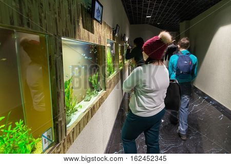 Moscow Russia - December 10.2016. 10.2016. People around the aquarium in Crocus City oceanarium at Krasnogorsk