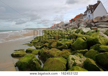 Wissant in Cote d'Opale, Pas-de-Calais, France: The sea front with colorful rocks