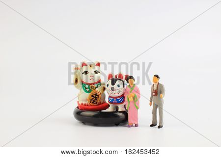 Plastic Geisha Doll With The Inuhariko, Manekineko,