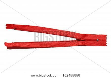 Red Unzipped isolated on white background.Stock photo.