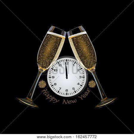 Clock and champagne glasses and text happy new year, 3D Illustration