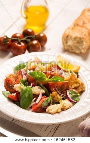 Italian Appetizer salad with tomatoes, bread, bazil mixed with lemon juice