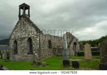 A view of the ruins of an old church building in Tullibody