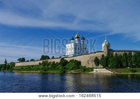 Panorama View From Volhov River Of Trinity Cathedral, The Bell Tower And The Walls And Tower Of Psko