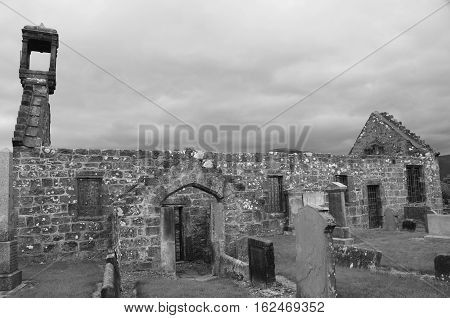 A view of the ruins of an old church building in Tullibody
