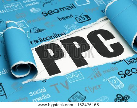 Advertising concept: black text PPC under the curled piece of Blue torn paper with  Hand Drawn Marketing Icons, 3D rendering