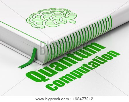 Science concept: closed book with Green Brain icon and text Quantum Computation on floor, white background, 3D rendering