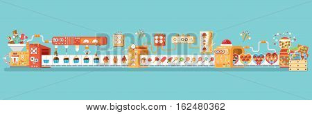 Stock vector horizontal illustration isolated conveyor for production and packaging candies, lollipops and sweets, in flat style on blue background for banner, website, printed material, infographic