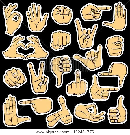 Set of cartoon human hands stickers icons emoji gesture signs and signals.