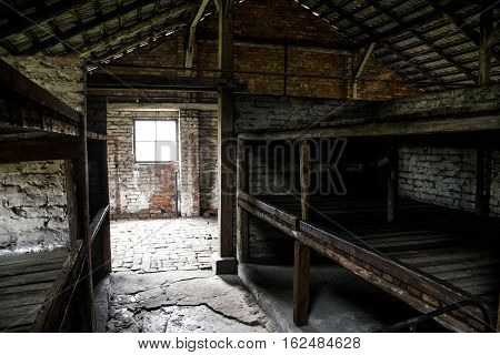 Barrack inside living room at concentration camp Auschwitz Birkenau KZ Poland